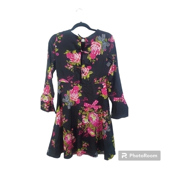 Betsey Johnson Black Floral Bell Sleeve Dress - Size 2 - Picture 5 of 11